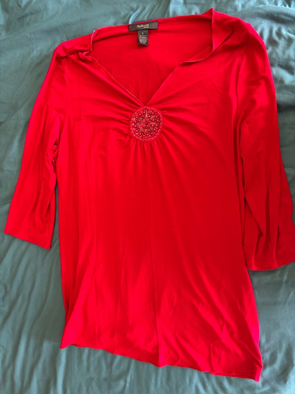 Style & Co. Red V‑Neck Tunic with Beaded Medallion